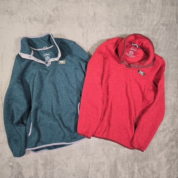 Two LL Bean Women's Sweater Fleece Pullovers Medium Soft Spruce And Red - Picture 1 of 15